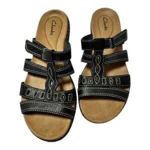 Clarks Women's Black Leather Strappy Boho Artisan Comfort Sandals Shoes Size 9M